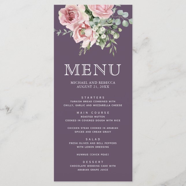 Blush Pink Floral Eucalyptus Dusty Purple Wedding Menu (Front)