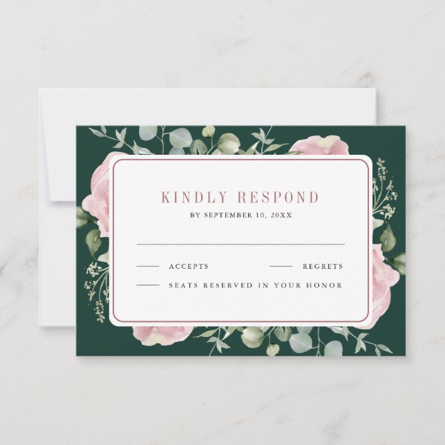 Blush Pink Floral Eucalyptus Emerald Green Wedding RSVP Card (Front)