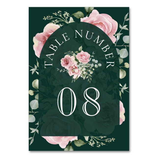 Blush Pink Floral Eucalyptus Emerald Green Wedding Table Number (Front)