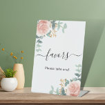 Blush pink floral eucalyptus favours sign<br><div class="desc">White background. Decorated with blush pink,  rose gold floral,  green watercolored eucalyptus leaves,  sprigs,  greenery,  faux gold leaves. With the text: Favours,  please take one!</div>