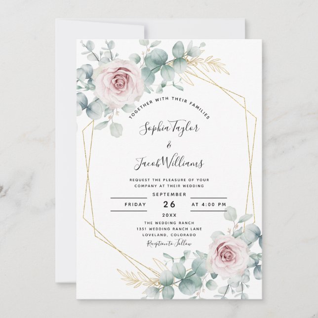Blush Pink Floral Eucalyptus Geometric Wedding Invitation (Front)