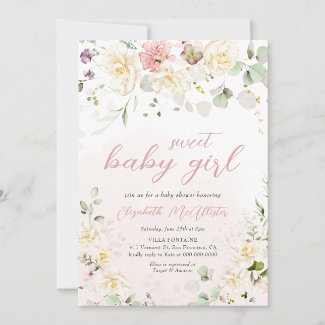 Blush Pink Floral Eucalyptus Girl Baby Shower Invitation (Front)