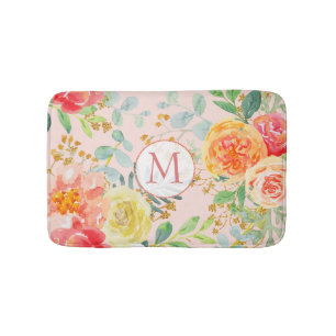 Blush Pink Floral Eucalyptus Glitter Monogram Bath Mat