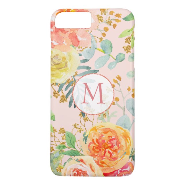 Blush Pink Floral Eucalyptus Glitter Monogram Case-Mate iPhone Case (Back)