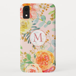 Blush Pink Floral Eucalyptus Glitter Monogram iPhone XR Case