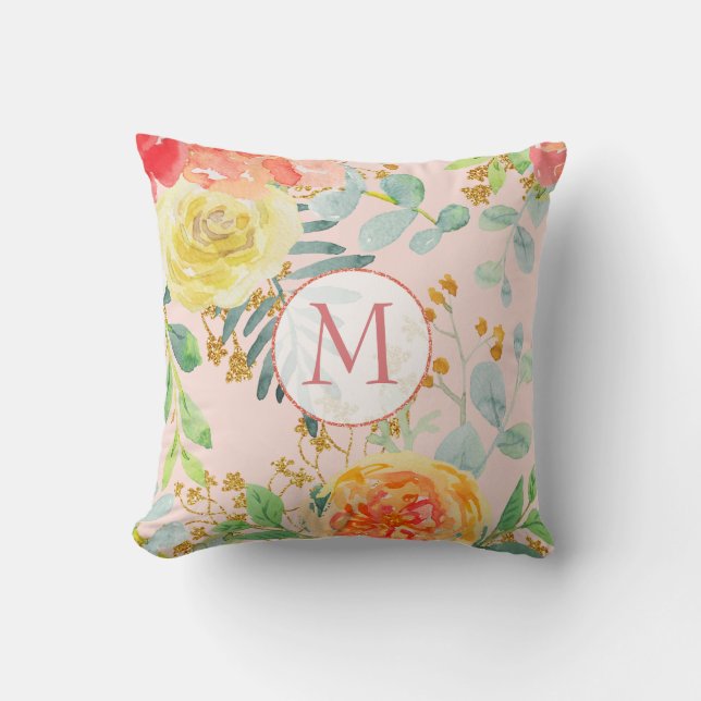 Blush Pink Floral Eucalyptus Glitter Monogram Throw Pillow (Front)