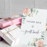 Blush pink floral eucalyptus guest book sign<br><div class="desc">White background. Decorated with blush pink,  rose gold floral,  green watercolored eucalyptus leaves,  sprigs,  greenery,  faux gold leaves. With the text: Please sign the guest book.</div>