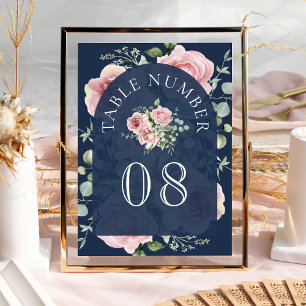Blush Pink Floral Eucalyptus Navy Blue Wedding Table Number