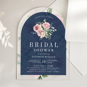 Blush Pink Floral Eucalyptus Navy Bridal Shower Acrylic Invitations