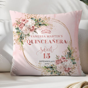Blush Pink Floral Eucalyptus Quinceañera Keepsake  Throw Pillow