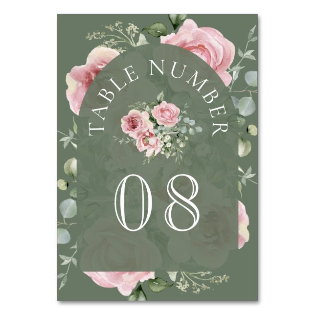 Blush Pink Floral Eucalyptus Sage Green Wedding Table Number (Front)