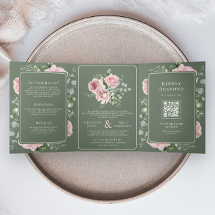 Blush Pink Floral Eucalyptus Sage Green Wedding Tri-Fold Invitation