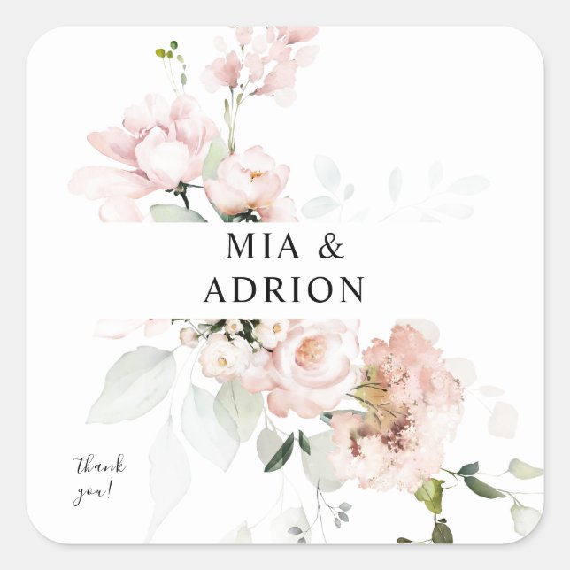 Blush Pink Floral & Eucalyptus Thank You 2 Square Sticker (Front)