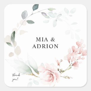 Blush Pink Floral & Eucalyptus Thank You Square Sticker