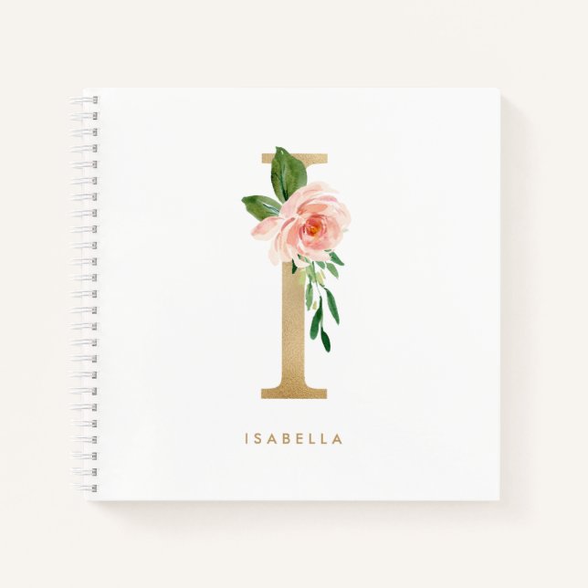 Blush Pink Floral Faux Gold Foil Letter I Monogram Notebook (Front)