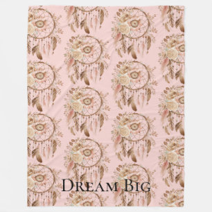 Blush Pink Floral Feathers Dream Catcher Fleece Blanket