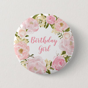 Blush Pink Floral First 1st Birthday Round Badge 2 Inch Round Button