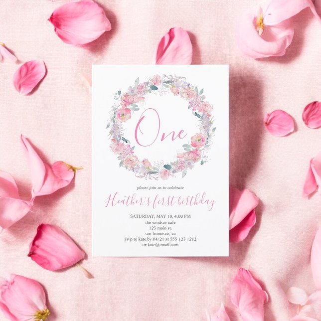 Blush Pink Floral First Birthday Invitation (Creator Uploaded)