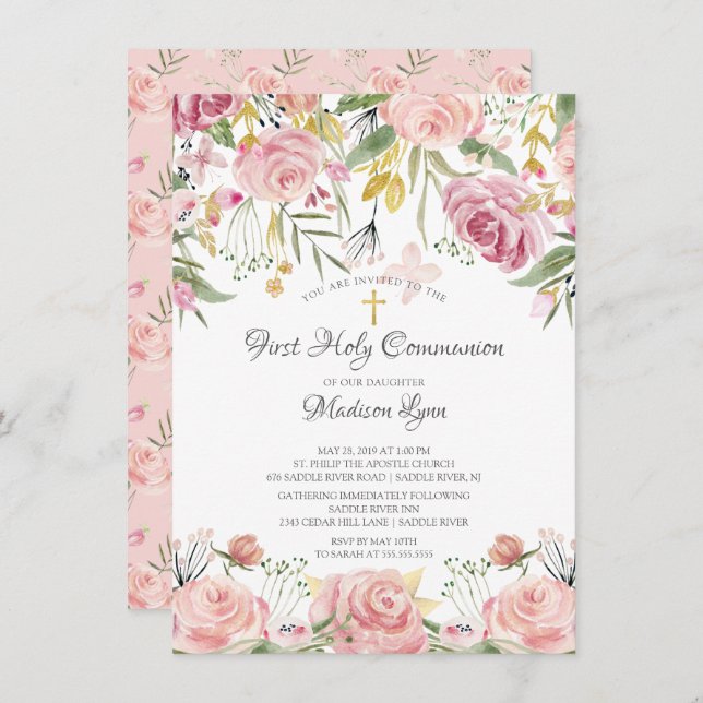 Blush Pink Floral First Holy Communion Invitation (Front/Back)
