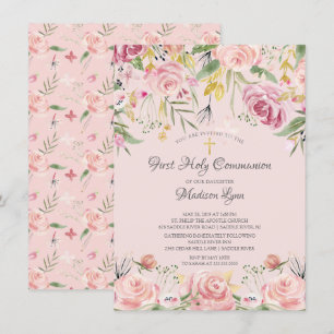 Blush Pink Floral First Holy Communion Invitation