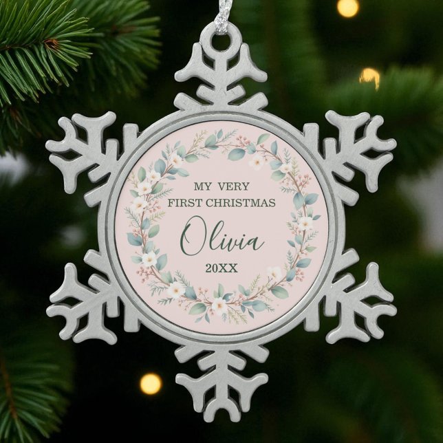 Blush Pink Floral Frame Baby’s First Christmas Snowflake Pewter Christmas Ornament (Creator Uploaded)