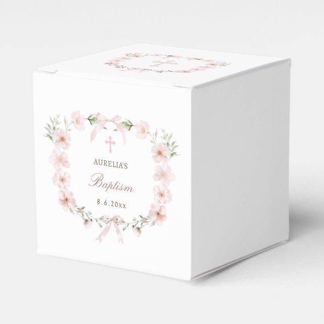 Blush Pink Floral Frame Baptism Cube Favor Box (Front Side)