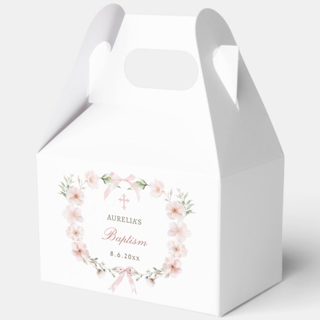 Blush Pink Floral Frame Baptism Gable Favor Box (Front)