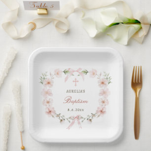 Blush Pink Floral Frame Baptism Paper Plate