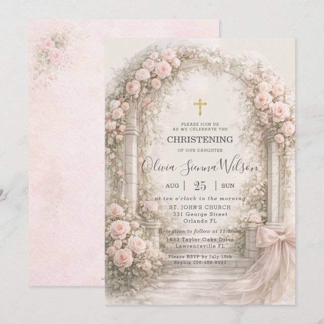 Blush Pink Floral Garden Bow Baptism Christening Invitation (Front/Back)