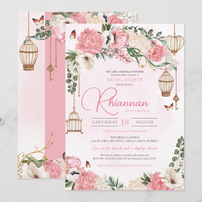 Blush Pink Floral Garden Elegant Bridal Shower Invitation (Front/Back)