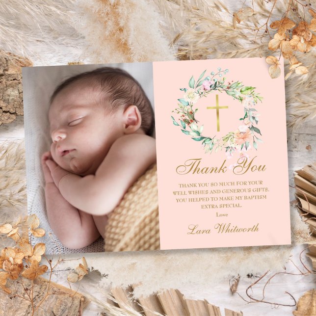 Blush Pink Floral Garland Baptism Photo Thank You Card (Blush Pink Floral Garland Baptism Photo Thank You Card)