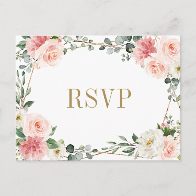 Blush Pink Floral Geometric Botanical Wedding RSVP Postcard (Front)