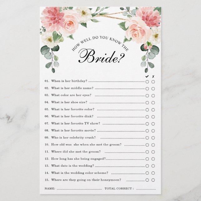 Blush Pink Floral Geometric Bridal Shower Game (Front)