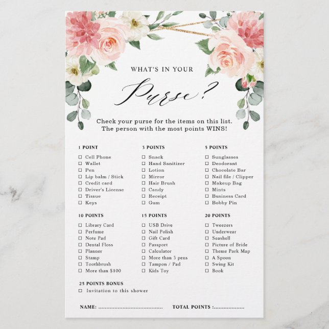 Blush Pink Floral  Geometric Bridal Shower Game    (Front)
