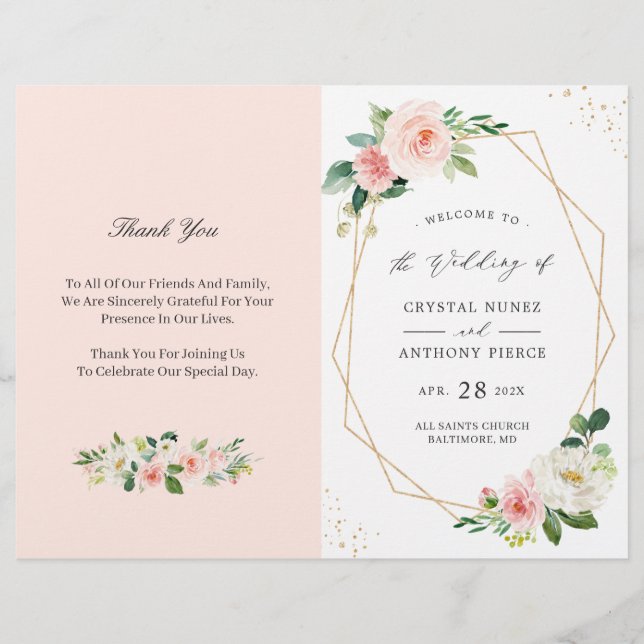 Blush Pink Floral Geometric Folded Wedding Program (Front)