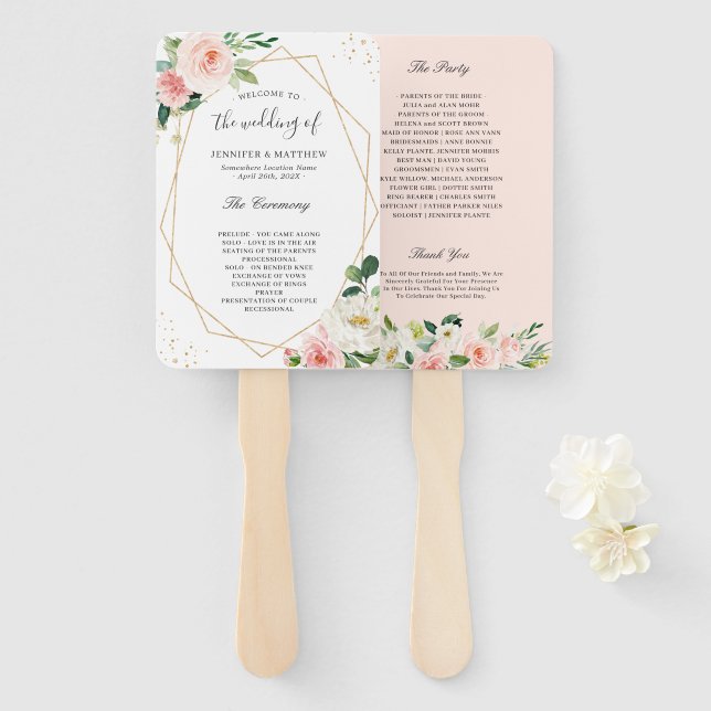 Blush Pink Floral Geometric Frame Wedding Program Hand Fan (Front and Back)