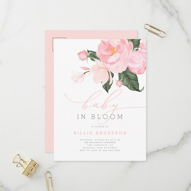 Blush Pink Floral Girl Baby in Bloom Shower Invitation Postcard (Front/Back In Situ)