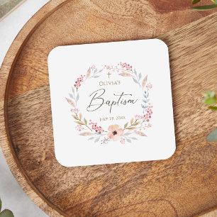 Blush Pink Floral Girl Baptism Square Paper Coaster