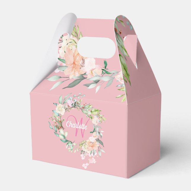 Blush Pink Floral Girly Script Monogram Favor Box (Front Side)