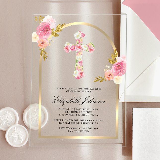 Blush Pink Floral Gold Arch Baptism Acrylic Invitations (Creator Uploaded)