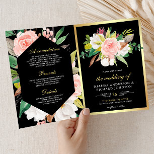Blush Pink Floral Gold Black QR Code Wedding Invitation
