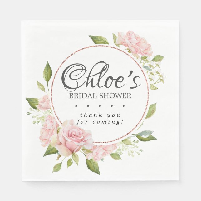 Blush Pink Floral Gold Bridal Shower Napkin (Front)