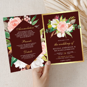 Blush Pink Floral Gold Burgundy QR Code Wedding Invitation