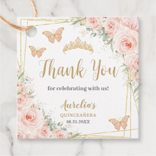 Blush Pink Floral Gold Butterfiles Quinceanera  Favour Tags