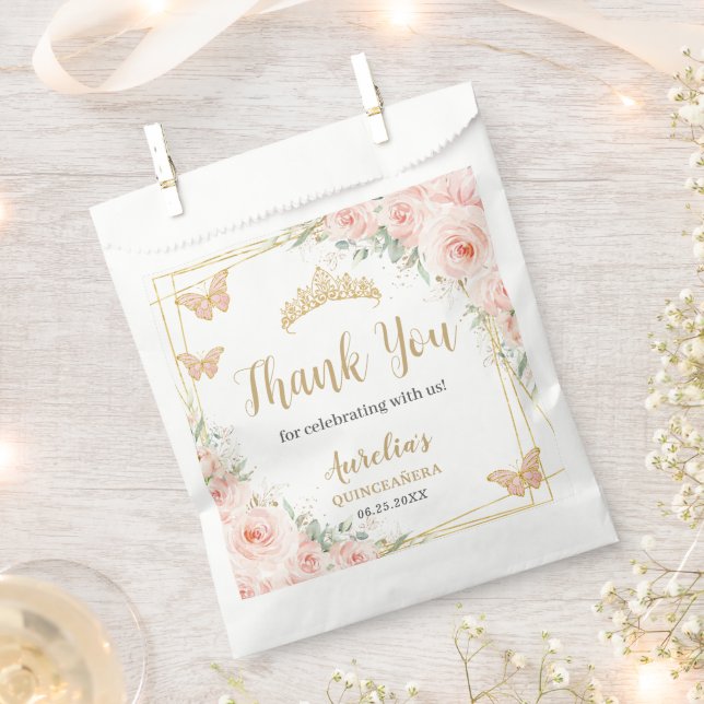 Blush Pink Floral Gold Butterfiles Quinceanera XV  Favour Bag (Clipped)