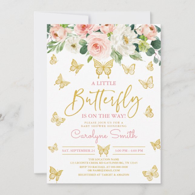 Blush Pink Floral Gold Butterfly Baby Shower Invitation (Front)