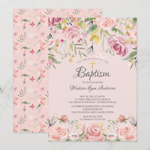 Blush Pink Floral Gold Cross Baptism Invitation