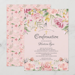 Blush Pink Floral & Gold Cross Confirmation Invitation