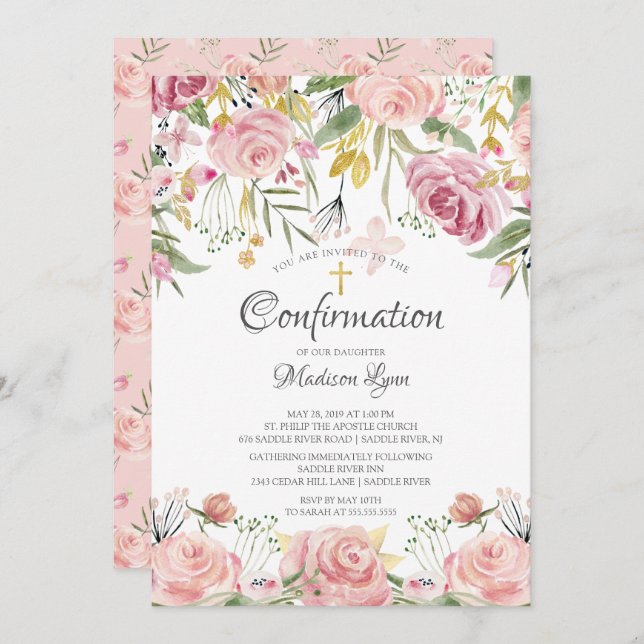 Blush Pink Floral & Gold Cross Confirmation Invitation (Front/Back)