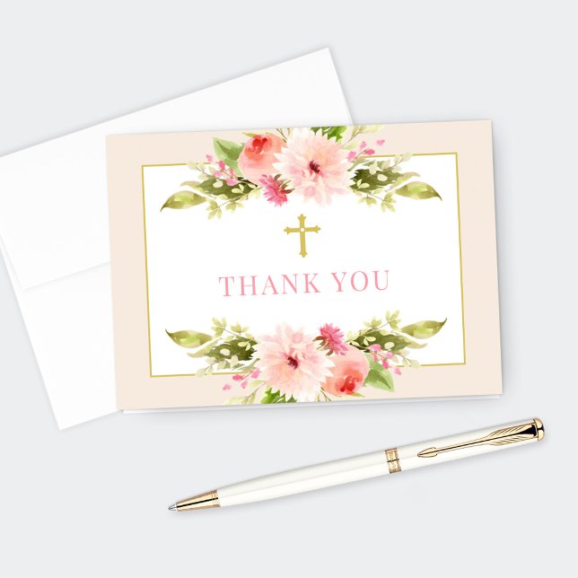 Blush Pink Floral Gold Cross First Communion Thank You Card (Creator Uploaded)